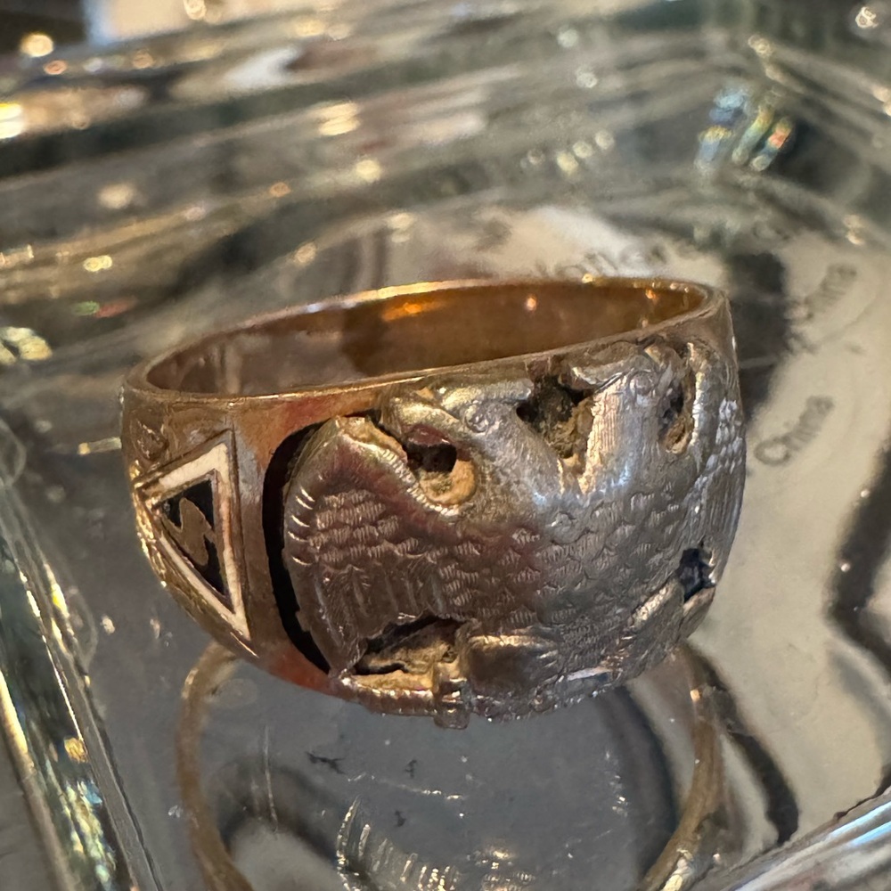 Vintage 10K RING Masonic White Gold 32nd degree double eagle Sz 11 - 11.5 Craft